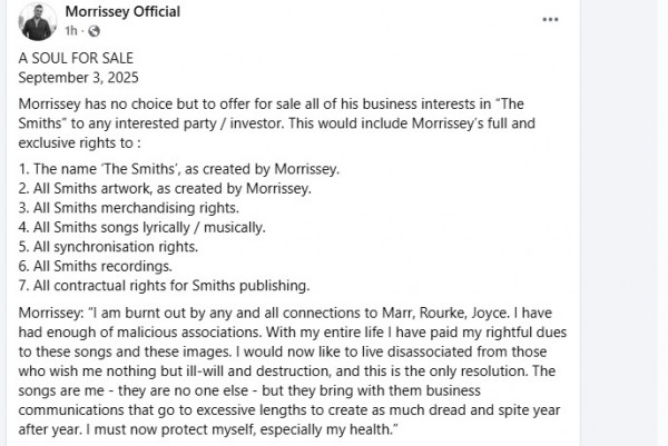 Morrissey wants to sell YOU his rights to the Smiths