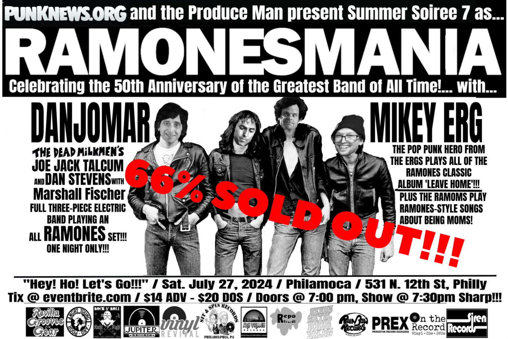 RAMONESMANIA, with DanJoMar, Mikey Erg, and Ramoms, is now 66% sold out!!!